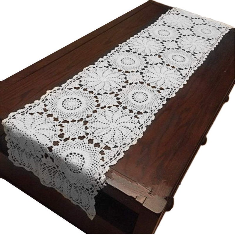 USTIDE Rustic Floral Table Runner Hand Crochet Table Doily White Cotton Lace Home Decoration for Coffee Table Dresser Cabinet 15"X70" - Image 1